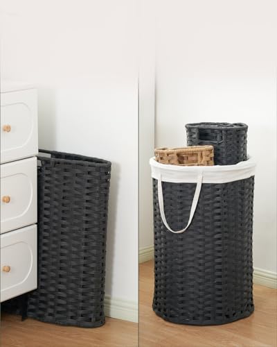 SETVSON Laundry Basket with Lid Round 29.1 Gal PE Rattan, Black | Family Clothes & Blanket Trunk with Lid, Removable Liner Bag with Handles, 2 Mesh Wash Bags, Collapsible Steel Frame - color: Black, size: 110 L