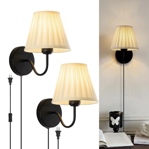 Plug in Wall Sconces with White Fabric Shades, Black Wall Sconces Set of Two, Modern Wall Lighting Fixture with On/Off Switch, Indoor Corded Wall Lamp for Bedroom, Living Room, Hallway, Bedside - color: Black