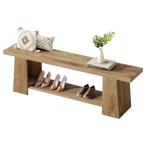 Tribesigns 2-Tier Entryway Bench, 59-Inch Extra Long Shoe Bench with Storage Shelves, Wood End of Bed Seat, Farmhouse Hallway Foyer Seat with Open Shelves for Entryway, Bedroom, Living Room, Natural
