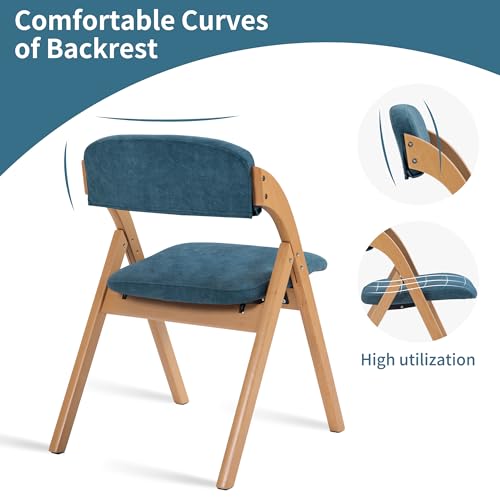 Folding Chairs with Padded Seats | Wooden Stackable Dining Chair Set of 2 with Removable Cover Extra for Guests Kitchen Office Wedding Party Picnic, Smog Blue - color: Smog Blue, size: 2PCS