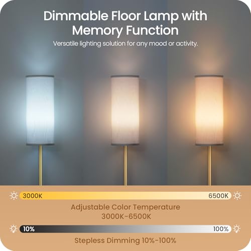 Dimmable Floor Lamp for Living Room with Remote and Foot Switch, Corner Floor Lamp, 64.4'' Standing Tall Lamp, 10W 900LM LED Bulb Included, 3000K-6500K, Linen Shade, Gold White, FCC Listed DCW06LD05W1 - color: Gold