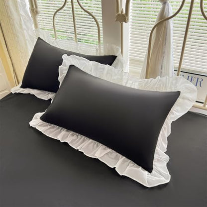 MOOWOO Lace Ruffled Bedding Setwith Cute Bowtie-3PC(1 Full Duvet Cover 80x90 Inch, 2 Pillowcases) Aesthetic, Black Goth Bedding for All Season - color: Black, size: Full