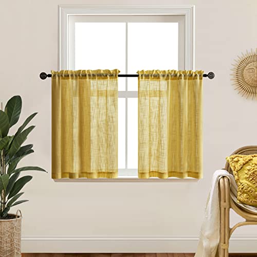 XTMYI Mustard Gold Yellow Curtains for Spring Bedroom Small Window 2 Panels Rod Pocket Semi Sheer Cafe Fall Curtains for Kitchen Bathroom Living Room 24 Inch Length - color: Yellow, size: 25"W x 24"L (Pack of 2)