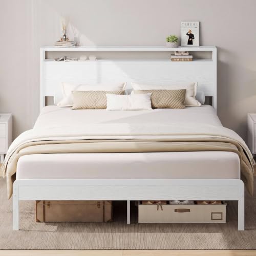 LIKIMIO Full Size Bed Frame with 2-Tier Storage Shelf Headboard | Wood Platform Bed, Camas Full with Strong Metal Supports, Sturdy, Noise-Free, No Box Spring Needed, White - color: White, size: Full