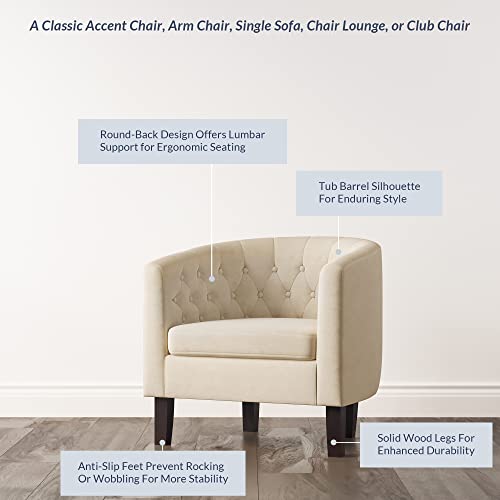 BELLEZE Accent Barrel Arm Chair, Modern Comfy Upholstered Tufted Club Chair with Sturdy Legs and Linen Fabric for Bedroom Living Room - White - color: White, size: 1 x Linen Chair
