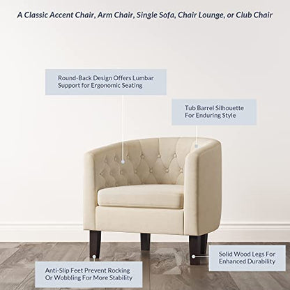 BELLEZE Accent Barrel Arm Chair Set of 2, Modern Comfy Upholstered Tufted Club Chair with Sturdy Legs and Linen Fabric for Bedroom Living Room - White - color: White, size: 2 x Linen Chair