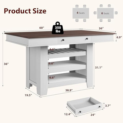 IDEALHOUSE 60" Wood Dining Table for 4-6, Counter Height Kitchen Table with Wine Rack and 2 Drawers, Open Shelves and Sturdy Legs, 4-Tier Stationary Kitchen Island for Dining Room and Kitchen - color: White