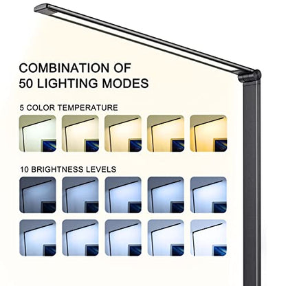Led Desk Lamp, Desk Lamp with USB Charging Port, 5 Color Modes, 10 Brightness, Natural Light, Eye Caring Reading Lamp, Desk Light for Home Office, Table Lamp, Touch Control, Auto-Timer, Black - color: Black