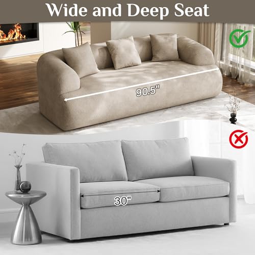91" Modern Curved Couch,3 Seater Boneless Sofa & Deep Seat,Light Brown | Cute Curve Sofa with Soft Chenille,High Foam and Oversized Deep for Modern Living Rooms, Bedrooms ,Apartments,No Assembly - color: Light Brown, size: 91''