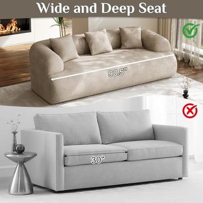 91" Modern Curved Couch,3 Seater Boneless Sofa & Deep Seat,Light Brown | Cute Curve Sofa with Soft Chenille,High Foam and Oversized Deep for Modern Living Rooms, Bedrooms ,Apartments,No Assembly - color: Light Brown, size: 91''
