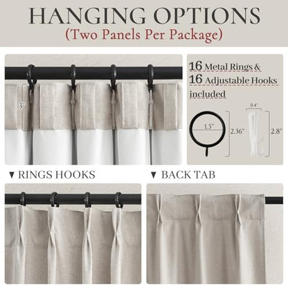 Natural Linen Pinch Pleated Blackout Curtains & Drapes 98 Inch Long Bedroom/Livingroom Farmhouse Curtain 2 Panel Sets, Neutral Track Room Darkening Thermal Insulated Back Tab Window (W40" x L98" x 2) - color: Natural, size: 40"W x 98"L (Pack of 2)