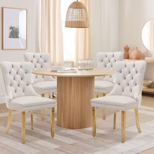 Velvet Upholstered Dining Chairs Set of 4, Modern Style Kitchen Side Chairs with Nailhead Trim and Gold Plated Leg, Metal Pulling Ring for Dining Room Living Room(Beige-Gold Plated Leg) - color: Beige-gold Plated Leg, size: Set of 4
