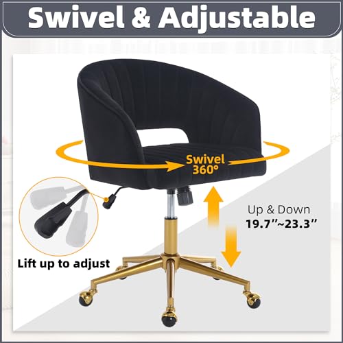 Desk Chair with Wheels, Gold Base, Velvet Accent Vanity Armchair, Black | Spacious‌ Soft Seat, Swivel Height Adjustable, Rocking Function, Modern Stripe for Girls &Women Bedroom Makeup or Nail - color: Black Velvet
