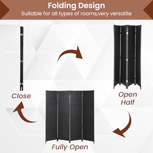 Room Divider Wall Divider 6FT 4 Panels Wood Mesh Hand-Woven Indoor Room Screen Folding Portable Partition Screen, Black - color: Black