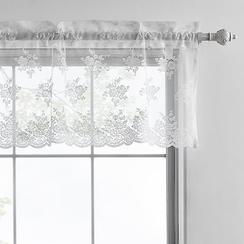 Kotile White Floral Lace Valance for Kitchen Window W52xL18 Inch 1 Panel | Rod Pocket, Open Lace Adds Detail, Softens Light, Vintage Flower, Clean Cottage Look, Short Top Detail, Subtle Privacy - color: White