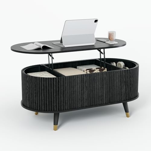 SULIVES Oval Coffee Table with Storage,Multifunctional Lift Top Drum Coffee Table, Small Fluted Center Table for Living Room, Black - color: Black_oval