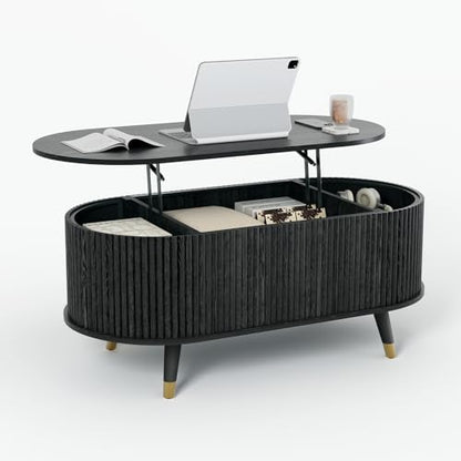SULIVES Oval Coffee Table with Storage,Multifunctional Lift Top Drum Coffee Table, Small Fluted Center Table for Living Room, Black - color: Black_oval