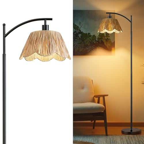 Boho Rattan Floor Lamp for Living Room, Farmhouse Standing Lamp with Hand-Woven Shade, Black Metal Base & Pole, Foot Switch - Corner Reading Lamp for Bedroom - color: Oil Black