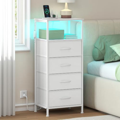 SONGMICS BELLAH Collection - Nightstand with Charging Station and App-Controlled Adjustable LED Lights, Bed Side Table, 4 Drawers and 1 Open Shelf, Modern, Cloud White and Snow White ULGS304WH01S - color: Cloud White + Snow White, size: 4 Drawers