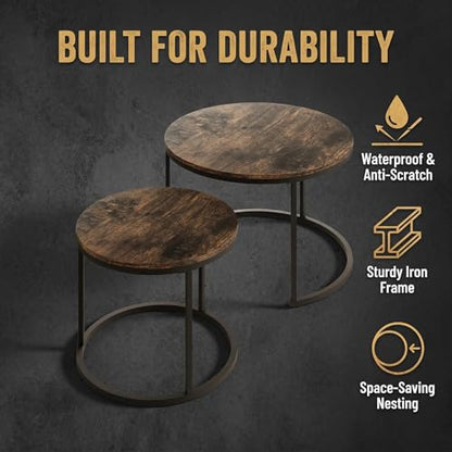 Round Coffee Tables for Living Room, Set of 2 (Rustic Wooden) | living room side table, Modern Nesting Drink for Small Spaces - color: Rustic Wooden