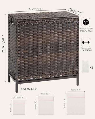 SETVSON Laundry Hamper with Lid, 35 Gal 3-Bag Clothes Sorter, Brown | Large Family Laundry Trunk with Lid, 3 Compartment Sorting Liner, 6 Wash Bags, Elevated PE Rattan Bin with Handles - color: Brown, size: 132 L - 35 gal