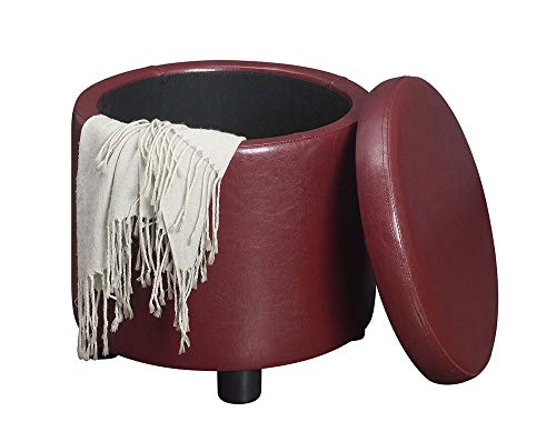 Convenience Concepts Designs4Comfort Round Accent Storage Ottoman in Burgundy Red Faux Leather Finish - color: Burgundy Faux Leather