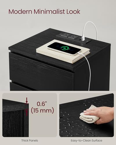 VASAGLE Nightstand with Charging Station, 3 Drawers | Bedside Table, 2 AC Outlets, 2 USB Ports, 15.8 x 13.8 x 23.2 Inches, Ebony Black, KAILYN Collection ULET631B58 - color: Ebony Black, size: 1 PACK, style: 3 Drawer