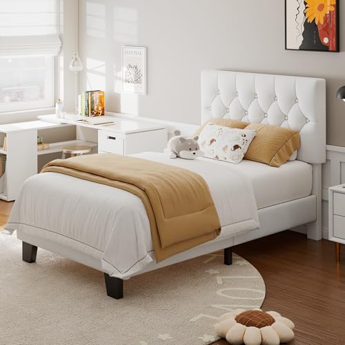 Feonase Velvet Twin Size Bed Frame with Button Tufted Headboard, Upholstered Bed with Wooden Slats Support, No Box Spring Needed, Easy Assembly, Noise-Free, White - color: White, size: Twin