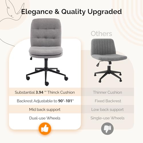 VINGLI Mid Back Armless Office Desk Chair with Wheels/no Wheels,360°Rocking Swivel Vanity Chair with Thickened Cushion,Adjustable Height Rolling for Reading Room, Make up, Linen Dark Grey - color: Dark Grey