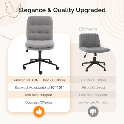 VINGLI Mid Back Armless Office Desk Chair with Wheels/no Wheels,360°Rocking Swivel Vanity Chair with Thickened Cushion,Adjustable Height Rolling for Reading Room, Make up, Linen Dark Grey - color: Dark Grey