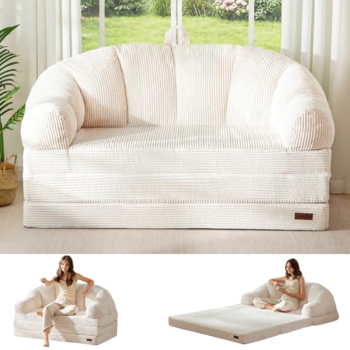 MAXYOYO Folding Sofa Bed with Backrest, Boneless Fold Out Couch with Handle | 2 in 1 Convertible Bean Bag Chair to Floor Sofa Lounger, Comfy Folding Couch for Bedroom & Living Room, Beige, Loveseat - color: Beige, size: Loveseat