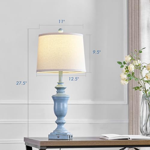 SAIWEYA 27.5" Set of 2 Farmhouse Table Lamps for Bedroom, 3 Way Dimmable Bedside Lamp with 2 USB +AC Outlet Nightstand Lamps for Living Room Resin Rustic Touch Lamps - color: Antique Blue-27.5in