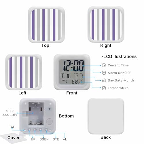 Digital Alarm Clocks for Bedroom,Modern Minimalist Purple Gray Stripe Cube Alarm Clock with Snooze and Nightlight Geometric Line Art Silent Office Desk Clock Time/Date/Temperature Display - color: Purple
