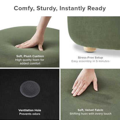 mopio Luna Round Ottoman with Storage and Tray, Round Coffee Table with Storage, Upholstered Foot Stools Ottoman for Living Room, Bedroom, with Solid Rubberwood Legs (Olive Green Premium Velvet) - color: Green Velvet, Round