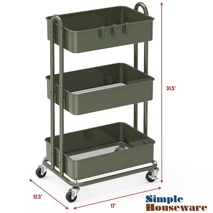 Simple Houseware 3-Tier Heavy Duty Metal Utility Rolling Cart, Army Green - color: Army Green