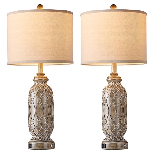 Farmhouse Lamps for Living Room Set of 2, 28" Table Lamps for Bedroom with USB Ports, 3-Way Dimmable Nightstand Table Lamp (Bulbs Included) - color: 4.Brown