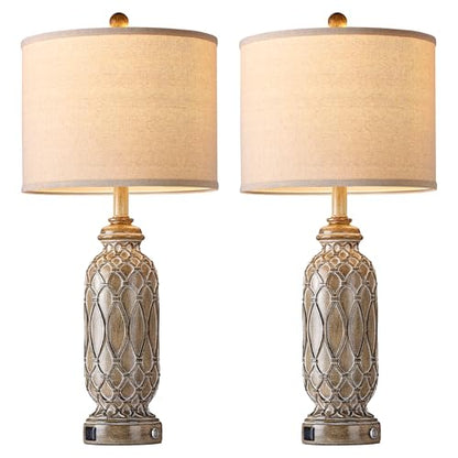 Farmhouse Lamps for Living Room Set of 2, 28" Table Lamps for Bedroom with USB Ports, 3-Way Dimmable Nightstand Table Lamp (Bulbs Included) - color: 4.Brown