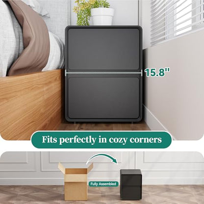15.8" W Leather Narrow Nightstand Set of 2, Modern Fully-Assembled Bedside Table with 2 Drawers, Night Stand Small End Table & Side Table for Bedroom, Black - color: Black Set of 2, size: 16in