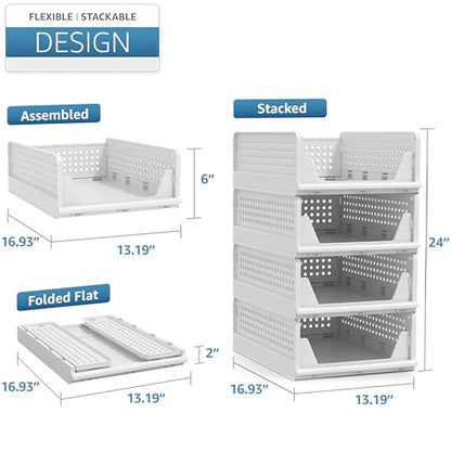 Sorbus 4 Pack Folding Closet Shelf Organizer for Clothes, Versatile Stackable Storage Baskets for Closet, Bathroom, Kitchen and Garage with Easy Access Open Front Design, Plastic Organizer Shelves - size: 4 Small
