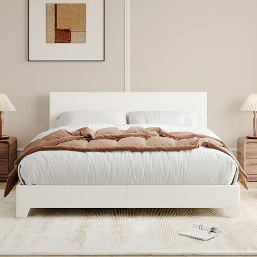 Allewie Queen Size Upholstered Bed Frame Adjustable Headboard, White | Platform Bed with Heavy Duty Mattress Foundation, Noise-Free, Easy Assembly, Wood Slat Support, No Box Spring Needed - color: White, size: Queen