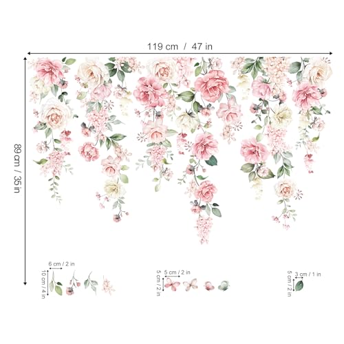 wondever Large Pink Flowers Wall Stickers Hanging Vine Floral Leaves Peel and Stick Wall Art Decals for Baby Nursery Girls Bedroom Living Room