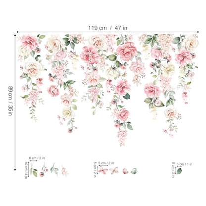 wondever Large Pink Flowers Wall Stickers Hanging Vine Floral Leaves Peel and Stick Wall Art Decals for Baby Nursery Girls Bedroom Living Room