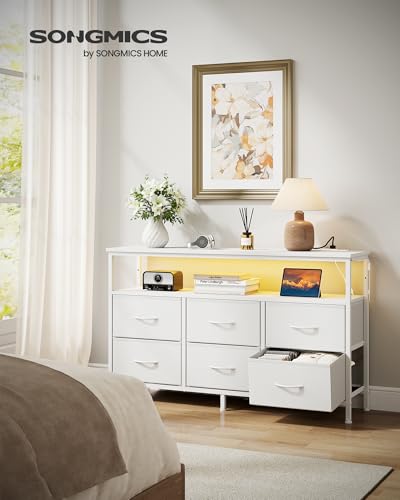 SONGMICS BELLAH Collection - Dresser for Bedroom, Chest of Drawers, TV Stand for TVs Up to 55 Inches, Living Room, Closet, 6 Drawers and 1 Shelf, Modern, Cloud White ULGS833WH02S - color: Cloud White, size: 11.8"D x 44.8"W x 26.8"H (6 Drawers)
