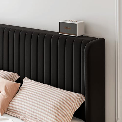 SHA CERLIN Full Size Velvet Bed Frame, Tufted Wingback Headboard, Black | 47'' Modern Vertical Channel Headboard, Upholstered Platform Bed, Wood Slats, No Box Spring Needed, Easy Assembly, Noise Free - color: Black, size: Full