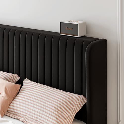 SHA CERLIN Queen Size Velvet Bed Frame, Tufted Wingback Headboard, Black | 47'' Modern Vertical Channel Headboard, Upholstered Platform Bed, Wood Slats, No Box Spring Needed, Easy Assembly, Noise Free - color: Black, size: Queen