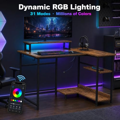 DEVAISE Compact 43 Inch L Shaped Gaming Desk with LED Lights, Rustic Brown | Steel frame and engineered wood desktop with 2 AC outlets, 2 USB ports, and monitor stand for compact gaming setups - size: 43 Inch