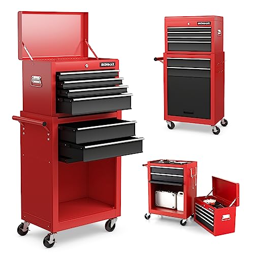 Goplus Tool Chest, 6 Drawers Rolling Tool Cabinet with Detachable Top Toolbox, Universal Lockable Wheels, Protective Liner, Auto Lock, Metal Tool Storage Cart, Tool Box for Garage Workshop - color: Red + Black, style: 6-Drawers
