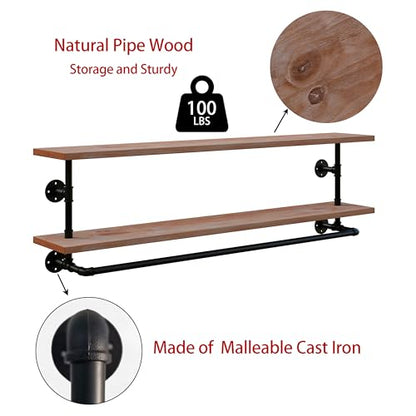 Clothes Rack 60in, 2-Tier Wall Mounted Garment Rack with Real Wood Shelf, Heavy Duty Hanging Clothes Rack, Multi-Purpose Hanging Rod, Space-Saving Closet Storage - color: Brown, size: 2T60IN