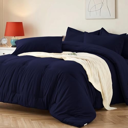 Queen Comforter Set 7 Piece - Soft Bed in a Bag Queen Size Comforter Sets, Cozy Bedding Sets with Lightweight Comforter, Flat Sheet, Fitted Sheet, 2 Pillowcases & 2 Shams, Navy Blue - color: Navy Blue, size: Queen
