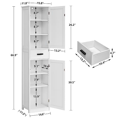WEENFON Tall Bathroom Cabinet, Storage Cabinet with 6 Shelves & Drawer, Bathroom Storage Cabinet with Adjustable Shelves, Tall Cabinet for Living Room, Home Office, White - color: White